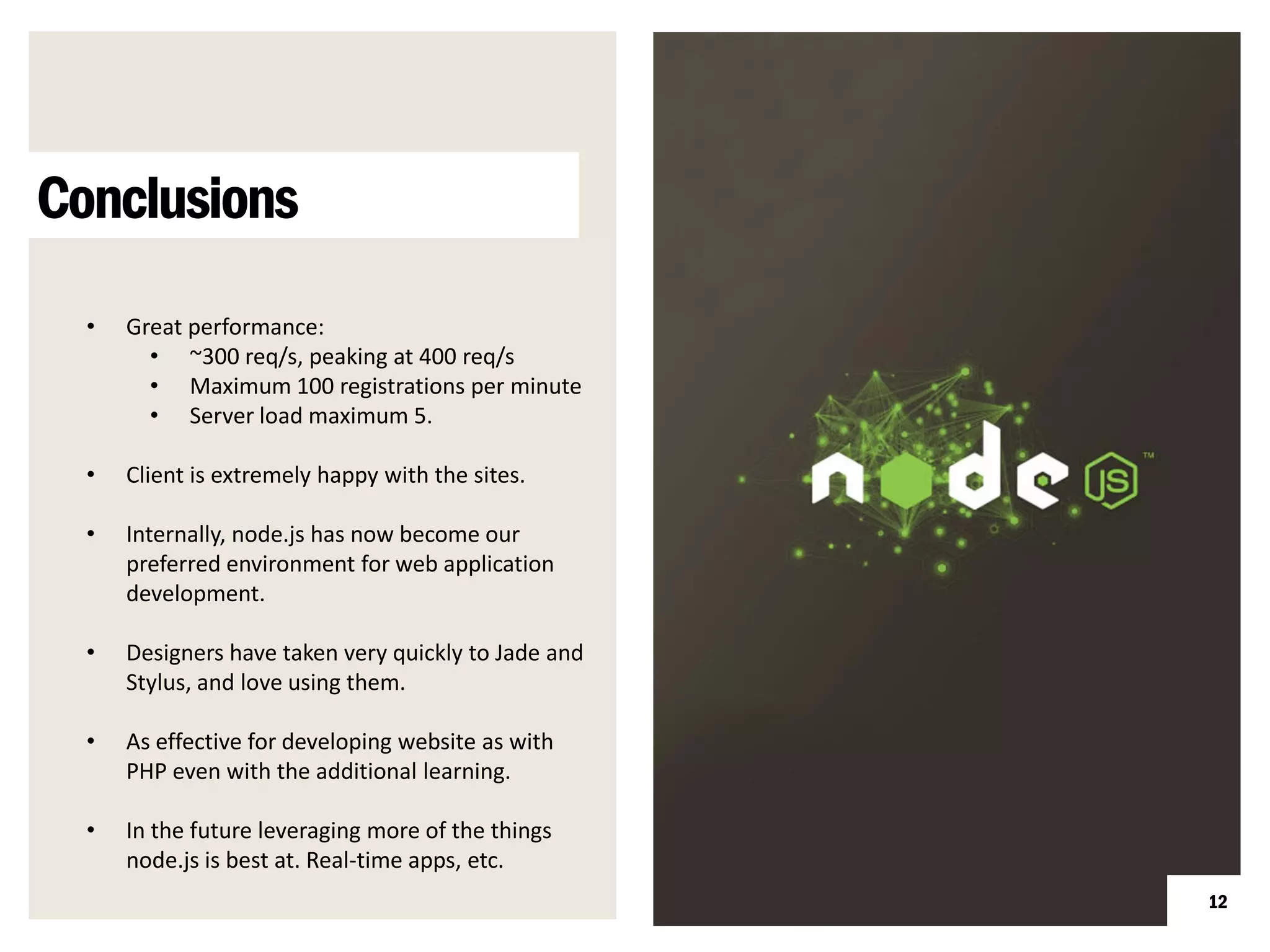 Conclusions
  •   Great performance:
        • ~300 req/s, peaking at 400 req/s
        • Maximum 100 registrations per minute
        • Server load maximum 5.

  •   Client is extremely happy with the sites.

  •   Internally, node.js has now become our
      preferred environment for web application
      development.

  •   Designers have taken very quickly to Jade and
      Stylus, and love using them.

  •   As effective for developing website as with
      PHP even with the additional learning.

  •   In the future leveraging more of the things
      node.js is best at. Real-time apps, etc.
                                                      12
 