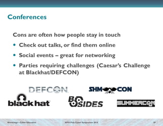Shortridge – Cyber Education 
NYU Poly Cyber Symposium 2014 
Conferences 
Cons are often how people stay in touch 
Check ...