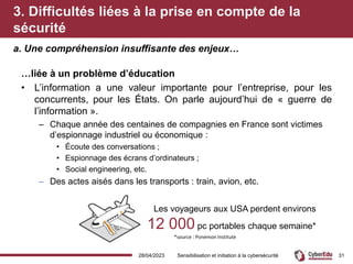 3. Difficultés liées à la prise en compte de la
sécurité
…liée à un problème d’éducation
• L’information a une valeur importante pour l’entreprise, pour les
concurrents, pour les États. On parle aujourd’hui de « guerre de
l’information ».
– Chaque année des centaines de compagnies en France sont victimes
d’espionnage industriel ou économique :
• Écoute des conversations ;
• Espionnage des écrans d’ordinateurs ;
• Social engineering, etc.
– Des actes aisés dans les transports : train, avion, etc.
a. Une compréhension insuffisante des enjeux…
28/04/2023 Sensibilisation et initiation à la cybersécurité
Les voyageurs aux USA perdent environs
12 000 pc portables chaque semaine*
*source : Ponemon Institute
31
 