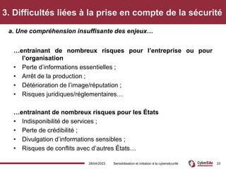 3. Difficultés liées à la prise en compte de la sécurité
…entrainant de nombreux risques pour l’entreprise ou pour
l’organisation
• Perte d’informations essentielles ;
• Arrêt de la production ;
• Détérioration de l’image/réputation ;
• Risques juridiques/réglementaires…
…entrainant de nombreux risques pour les États
• Indisponibilité de services ;
• Perte de crédibilité ;
• Divulgation d’informations sensibles ;
• Risques de conflits avec d’autres États…
a. Une compréhension insuffisante des enjeux…
28/04/2023 Sensibilisation et initiation à la cybersécurité 33
 