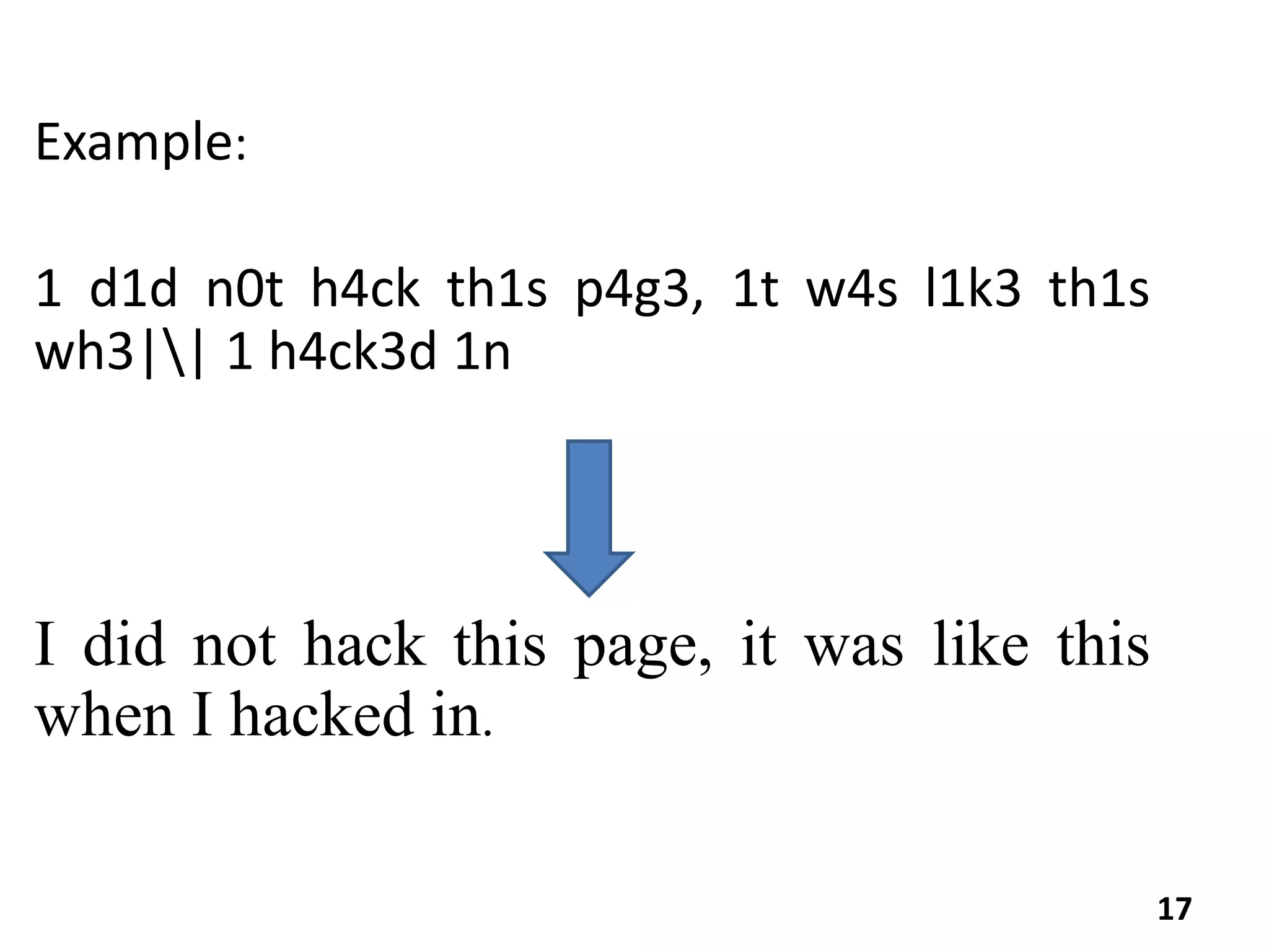 Example:
1 d1d n0t h4ck th1s p4g3, 1t w4s l1k3 th1s
wh3|| 1 h4ck3d 1n
I did not hack this page, it was like this
when I hacked in.
17
 
