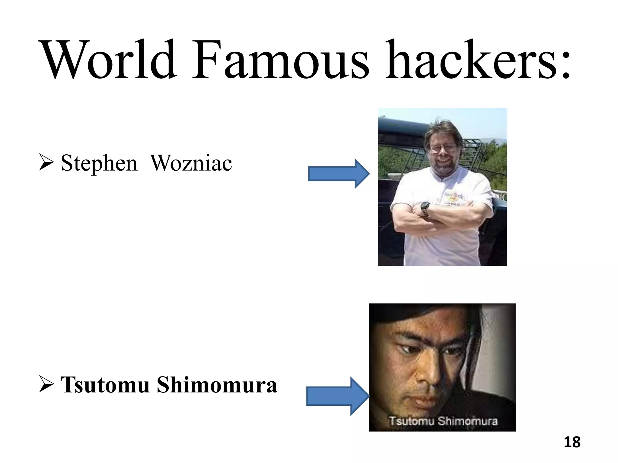 World Famous hackers:
 Stephen Wozniac
 Tsutomu Shimomura
18
 