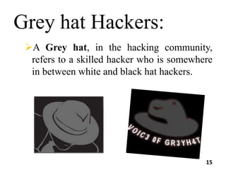 Grey hat Hackers:
A Grey hat, in the hacking community,
refers to a skilled hacker who is somewhere
in between white and black hat hackers.
15
 