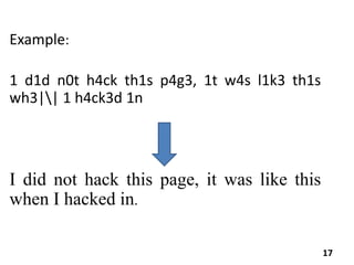 Example:
1 d1d n0t h4ck th1s p4g3, 1t w4s l1k3 th1s
wh3|| 1 h4ck3d 1n
I did not hack this page, it was like this
when I hacked in.
17
 