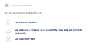 Les sources de menaces
Les principaux profils d’attaquants (1/2)
Les attaquants amateurs
Les cyberhacktivistes
Les attaquants « vengeurs » ou « malveillants » avec avec une motivation
personnelle
 