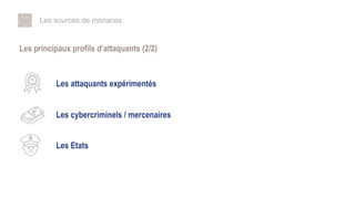 Les sources de menaces
Les principaux profils d’attaquants (2/2)
Les cybercriminels / mercenaires
Les Etats
Les attaquants expérimentés
 