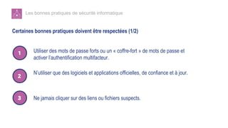Les bonnes pratiques de sécurité informatique
Certaines bonnes pratiques doivent être respectées (1/2)
Utiliser des mots de passe forts ou un « coffre-fort » de mots de passe et
activer l’authentification multifacteur.
N’utiliser que des logiciels et applications officielles, de confiance et à jour.
Ne jamais cliquer sur des liens ou fichiers suspects.
 