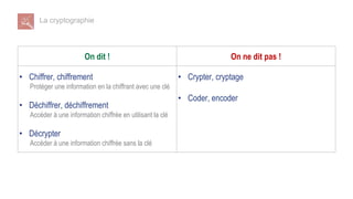 La cryptographie
On dit ! On ne dit pas !
• Chiffrer, chiffrement
Protéger une information en la chiffrant avec une clé
• Déchiffrer, déchiffrement
Accéder à une information chiffrée en utilisant la clé
• Décrypter
Accéder à une information chiffrée sans la clé
• Crypter, cryptage
• Coder, encoder
 