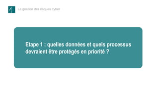 La gestion des risques cyber
Etape 1 – les
données et les
processus à
protéger
Etape 1 : quelles données et quels processus
devraient être protégés en priorité ?
 
