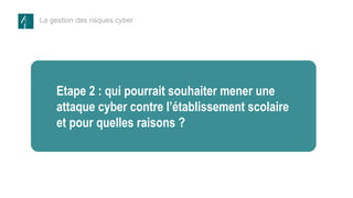 La gestion des risques cyber
Etape 1 – les
données et les
processus à
protéger
Etape 2 : qui pourrait souhaiter mener une
attaque cyber contre l’établissement scolaire
et pour quelles raisons ?
 