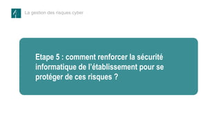 La gestion des risques cyber
Etape 1 – les
données et les
processus à
protéger
Etape 5 : comment renforcer la sécurité
informatique de l’établissement pour se
protéger de ces risques ?
 