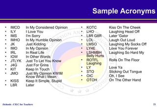 iSchools - CILC for Teachers 21
Sample Acronyms
• IMCO In My Considered Opinion
• ILY I Love You
• IMS I'm Sorry
• IMHO In My Humble Opinion
• JK Just Kidding
• IMO In My Opinion
• IRL In Real Life
• IOW In Other Words
• JTLYK Just To Let You Know
• J4G Just For Grins
• KIT Keep In Touch
• JMO Just My Opinion KWIM
Know What I Mean
• KISS Keep It Simple, Stupid
• L8R Later
• KOTC Kiss On The Cheek
• LHO Laughing Head Off
• L8R G8R Later 'Gator
• LOL Laugh Out Loud
• LMSO Laughing My Socks Off
• LY4E Love You Forever
• LSHMBH Laughing So Hard My
Belly Hurts
• ROTFL Rolls On The Floor
Laughing
• LY Love Ya
• STO Sticking Out Tongue
• OIC Oh, I See
• OTOH On The Other Hand
 