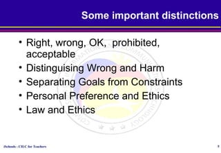 iSchools - CILC for Teachers 5
Some important distinctions
• Right, wrong, OK, prohibited,
acceptable
• Distinguising Wrong and Harm
• Separating Goals from Constraints
• Personal Preference and Ethics
• Law and Ethics
 