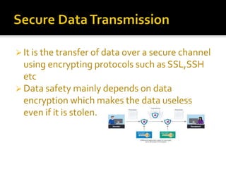  It is the transfer of data over a secure channel
using encrypting protocols such as SSL,SSH
etc
 Data safety mainly depends on data
encryption which makes the data useless
even if it is stolen.
 