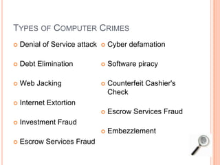 TYPES OF COMPUTER CRIMES
 Denial of Service attack
 Debt Elimination
 Web Jacking
 Internet Extortion
 Investment Fraud
 Escrow Services Fraud
 Cyber defamation
 Software piracy
 Counterfeit Cashier's
Check
 Escrow Services Fraud
 Embezzlement
 