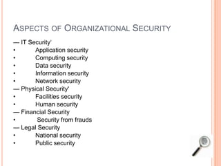 ASPECTS OF ORGANIZATIONAL SECURITY
— IT Security‘
• Application security
• Computing security
• Data security
• Information security
• Network security
— Physical Security'
• Facilities security
• Human security
— Financial Security
• Security from frauds
— Legal Security
• National security
• Public security
 