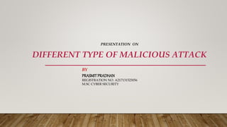 PRESENTATION ON
DIFFERENT TYPE OF MALICIOUS ATTACK
BY
PRASMITPRADHAN
REGISTRATION NO. A217131523056
M.SC CYBER SECURITY
 