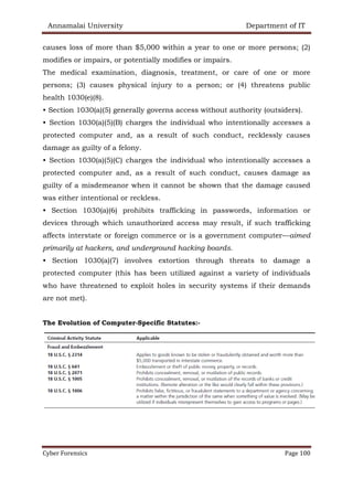 Annamalai University Department of IT
Cyber Forensics Page 100
causes loss of more than $5,000 within a year to one or more persons; (2)
modifies or impairs, or potentially modifies or impairs.
The medical examination, diagnosis, treatment, or care of one or more
persons; (3) causes physical injury to a person; or (4) threatens public
health 1030(e)(8).
• Section 1030(a)(5) generally governs access without authority (outsiders).
• Section 1030(a)(5)(B) charges the individual who intentionally accesses a
protected computer and, as a result of such conduct, recklessly causes
damage as guilty of a felony.
• Section 1030(a)(5)(C) charges the individual who intentionally accesses a
protected computer and, as a result of such conduct, causes damage as
guilty of a misdemeanor when it cannot be shown that the damage caused
was either intentional or reckless.
• Section 1030(a)(6) prohibits trafficking in passwords, information or
devices through which unauthorized access may result, if such trafficking
affects interstate or foreign commerce or is a government computer—aimed
primarily at hackers, and underground hacking boards.
• Section 1030(a)(7) involves extortion through threats to damage a
protected computer (this has been utilized against a variety of individuals
who have threatened to exploit holes in security systems if their demands
are not met).
The Evolution of Computer-Specific Statutes:-
 