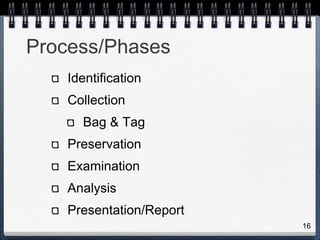 16
Process/Phases
Identification
Collection
Bag & Tag
Preservation
Examination
Analysis
Presentation/Report
 
