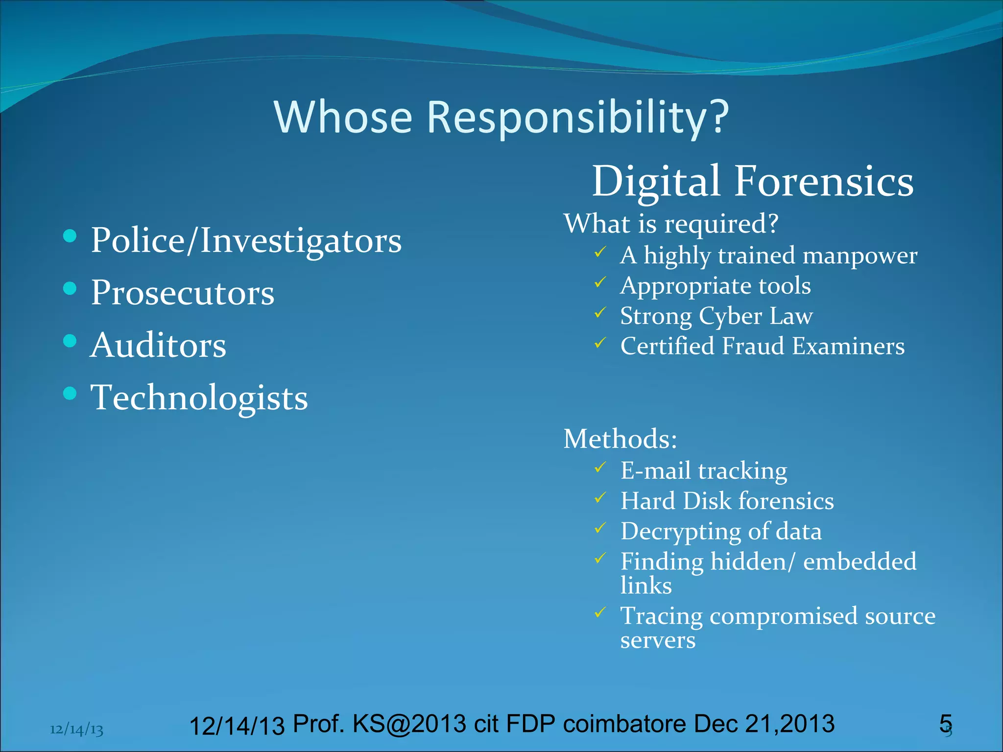 Whose Responsibility?
Digital Forensics

 Police/Investigators
 Prosecutors
 Auditors
 Technologists

What is required?





A highly trained manpower
Appropriate tools
Strong Cyber Law
Certified Fraud Examiners

Methods:






12/14/13

E-mail tracking
Hard Disk forensics
Decrypting of data
Finding hidden/ embedded
links
Tracing compromised source
servers

12/14/13 Prof. KS@2013 cit FDP coimbatore Dec 21,2013

5
5

 