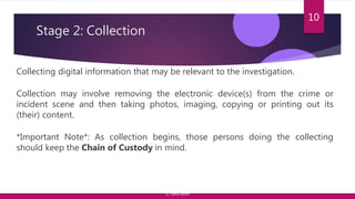 Stage 2: Collection
Collecting digital information that may be relevant to the investigation.
Collection may involve removing the electronic device(s) from the crime or
incident scene and then taking photos, imaging, copying or printing out its
(their) content.
*Important Note*: As collection begins, those persons doing the collecting
should keep the Chain of Custody in mind.
10
© Yansi Keim
 