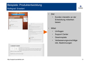 Beispiele: Produktentwicklung
Reifegrad: Erweitert

                                ‣   Ziel:
                                     ‣      Kunden interaktiv an der
                                            Entwicklung mitwirken
                                            lassen


                                ‣   Mittel:
                                     ‣      Umfragen
                                     ‣      Support Center
                                     ‣      Gewinnspiele
                                     ‣      Verbesserungsvorschläge
                                            inkl. Abstimmungen




http://support.wunderlist.com                                          39
 