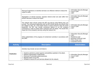 [Type here] [Type here] [Type here]
Placing IP restrictions on sensitive services is an effective method to reduce the
impact of traffic.
 Information Security Manager
 Core IT CIRT
 CIRT
Segregation of internet services; separate internal email and web traffic from
product services to reduce the impact.
 Information Security Manager
 Core IT CIRT
 CIRT
The network team should contact the ISP and discuss what filtering they can
provide. The contractual relationship with the ISP should identify any actions they
are obliged to take. As a DoS attack tends to impact everyone using the same
equipment, the ISP may include contractual options to cut the company
connections in order to protect other customers from the attack. This would then
impact all of the company’s services using that network link.
 Information Security Manager
 Core IT CIRT
 CIRT
Inform stakeholders of the progress of containment activities in accordance with
the CIRP.
 Information Security Manager
 CIRT
 Resilience Lead
 Business Continuity Lead
 Policy Areas Lead
 Corporate Comms
Activity Description Stakeholders
Eradication
Activities may include, but are not limited to:
 Systems patched to protect against vulnerabilities exploited in the attack.
 Network segmentation implemented.
 Removal of vulnerable systems/services.
 Blacklist attack source IPs.
 Whitelist of source IPs and services allowed into the network.
 Information Security Manager
 Core IT CIRT
 CIRT
 