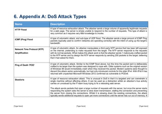 [Type here] [Type here] [Type here]
6. Appendix A: DoS Attack Types
Name Description
HTTP Flood
A type of resource exhaustion attack. The attacker sends a large volume of apparently legitimate requests
for a web page. The server is simply unable to respond to the number of requests. This type of attack is
very common as it requires very little knowledge to invoke.
ICMP (Ping) Flood
A type of volumetric attack, and sub-type of UDP flood. The attacker sends a large amount of ICMP Ping
packets (typically used to confirm networks are operating correctly) with the intent of using up the target’s
bandwidth.
Network Time Protocol (NTP)
Amplification
A type of volumetric attack. An attacker manipulates a third party NTP service that has been left exposed
on the internet, pretending to make requests from the target. The NTP server responds to the requests
with its normal packets. What makes this attack work is that the attacker sends 1 maliciously crafted packet
to the NTP server and by design the NTP server responds by sending 200 packets to the target, believing
that it had asked for them.
Ping of Death ‘POD’
A type of volumetric attack. Similar to the ICMP flood above, but this time the packet sent is deliberately
crafted to be larger than the system was designed to cope with. Older systems such as the original version
of Windows 98 would immediately crash when they received the packet. Modern systems were thought to
discard this attack vector automatically, but had only introduced controls for the older IPv4. With IPv6 it has
returned with unpatched Microsoft Windows 2012 confirmed as vulnerable to PODv6.
Slowloris
A type of resource exhaustion attack. This is unusual in DoS in that it is targeted and can overwhelm a
single machine without affecting others. It can be used as a distraction whilst an attacker’s true activity
carries on unnoticed by the IT team busy trying to fix a rebooting web server.
The attack sends packets that open a large number of requests with the server, but once the server starts
responding the system asks the server to slow down transmission, stalling the connection and preventing
the server from closing the connections. Whilst it is slowing down the existing connections, the attack
typically sends additional requests to open yet more connections until the server has run out of memory. If
 