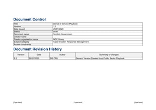 [Type here] [Type here] [Type here]
Document Control
Title Denial of Service Playbook
Version 2.3
Date Issued 20/01/2020
Status Draft
Document owner Scottish Government
Creator name
Creator organisation name NCC Group
Subject category Cyber Incident Response Management
Access constraints
Document Revision History
Version Date Author Summary of changes
2.3 22/01/2020 SG CRU Generic Version Created from Public Sector Playbook
 