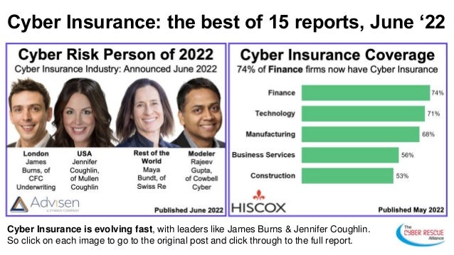 Cyber Insurance: the best of 15 reports, June ‘22
Cyber Insurance is evolving fast, with leaders like James Burns & Jennifer Coughlin.
So click on each image to go to the original post and click through to the full report.
 