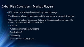Cyber Risk Coverage – Market Players
• U.S. insurers are cautiously underwriting cyber coverage
• The biggest challenge is...