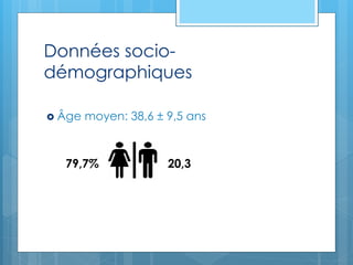 Données socio-
démographiques
 Âge moyen: 38,6 ± 9,5 ans
20,379,7%
 
