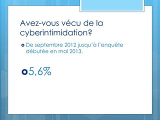 Avez-vous vécu de la
cyberintimidation?
 De septembre 2012 jusqu’à l’enquête
débutée en mai 2013.
5,6%
 