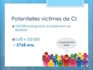 Potentielles victimes de CI
 103 000 enseignants actuellement au
Québec
5,6% x 103 000
= 5768 ens.
À quand mon
tour?
 