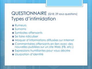 QUESTIONNAIRE (Q18: 29 sous questions)
Types d’intimidation
 Rumeurs
 Surnoms
 Symboles offensants
 Se faire ridiculiser
 Moquer d’informations diffusées sur Internet
 Commentaires offensants en lien avec des
nouvelles publiées sur un site Web (FB, etc.)
 Expressions humiliantes pour vous décrire
 Usurpation d’identité
 