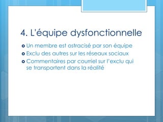 4. L'équipe dysfonctionnelle
 Un membre est ostracisé par son équipe
 Exclu des autres sur les réseaux sociaux
 Commentaires par courriel sur l’exclu qui
se transportent dans la réalité
 