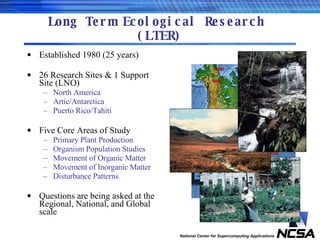 Long Term Ecological Research  (LTER) Established 1980 (25 years) 26 Research Sites & 1 Support Site (LNO) North America Artic/Antarctica Puerto Rico/Tahiti Five Core Areas of Study Primary Plant Production Organism Population Studies Movement of Organic Matter Movement of Inorganic Matter Disturbance Patterns Questions are being asked at the Regional, National, and Global scale 