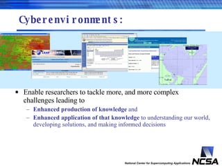 Cyberenvironments:  Enable researchers to tackle more, and more complex challenges leading to  Enhanced production of knowledge  and Enhanced application of that knowledge  to understanding our world, developing solutions, and making informed decisions 