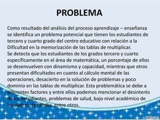 PROBLEMA
Como resultado del análisis del proceso aprendizaje – enseñanza
se identifica un problema potencial que tienen los estudiantes de
tercero y cuarto grado del centro educativo con relación a la
Dificultad en la memorización de las tablas de multiplicar.
Se detecta que los estudiantes de los grados tercero y cuarto
específicamente en el área de matemática, un porcentaje de ellos
se desenvuelven con dinamismo y capacidad, mientras que otros
presentan dificultades en cuanto al cálculo mental de las
operaciones, desacierto en la solución de problemas y poco
dominio en las tablas de multiplicar. Esta problemática se debe a
diferentes factores y entre ellos podemos mencionar el desinterés
de los estudiantes, problemas de salud, bajo nivel académico de
los padres de familia, entre otros.
 