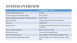 SYSTEM OVERVIEW
CYBERKNIFE VSI 2010
Robotic manipulator precision 0.12mm
Overall targeting accuracy(static target) Max ≤0.95mm
Overall targeting accuracy(target with organ motion) Max ≤1.5mm
Beam collimation Variable aperture/fixed circular collimators
Dose-rate 1000MU/min
Image detectors Amorphous silicon flat panel detectors with pixel size
0.4x0.4mm
Dose calculation algorithm Monte-Carlo, Ray tracing
Robot path traversal Nodes selected during planning
Patient positioning system Fully integrated 5-DOF standard treatment couch
Image registration and tracking methods 6D skull, Xsight spine, Fiducial, Synchrony, Xsight
lung
 