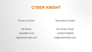 CYBER KNIGHT
Primary Contact
Ms Rama
+85368814100
rs@icyberknight.com
Secondary Contact
Mr Chetan Singh
+918527296800
cs@icyberknight.com
 