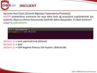 DHCLIENT
SDÜ-CYBERLAB (Sunum Konusu)
Dynamic Host Client (Dinamik Bilgisayar Yapilandirma Protokolu)
BOOTP protokolünü kullanarak bir veya daha fazla ağ arayüzünü yapılandırmak için
kullanilir. Başarısız Olması Durumunda Statik Bir Adres Atayacaktir. En Basit Kullanimi
Linux:~$ sudo dhclient
dhclient -4 -> ipv4 yapılandirmak (default)
dhclient -6 -> ipv6
dhclient -p -> UDP Baglanti Portunu Elle Ayarlar. (default:68)
 
