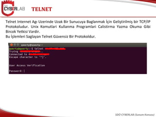 TELNET
SDÜ-CYBERLAB (Sunum Konusu)
Telnet Internet Agı Uzerinde Uzak Bir Sunucuya Baglanmak İçin Geliştirilmiş bir TCP/IP
Protokoludur. Unix Komutlari Kullanma Programlari Calistirma Yazma Okuma Gibi
Bircok Yetkisi Vardir.
Bu İşlemleri Saglayan Telnet Güvensiz Bir Protokoldur.
 