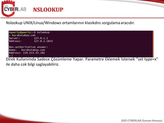 NSLOOKUP
SDÜ-CYBERLAB (Sunum Konusu)
Nslookup UNIX/Linux/Windows ortamlarının klasikdns sorgulamaaracıdır.
Direk Kullanimda Sadece Çözümleme Yapar. Parametre Eklemek İstersek “set type=x”
ile daha cok bilgi saglayabiliriz.
 