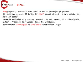 PING
SDÜ-CYBERLAB (Sunum Konusu)
Ping programı, 1983 yılında Mike Muuss tarafından yazılmış bir programdır.
Bir makineye genelde 32 baytlık bir ICMP pakedi gönderir ve aynı paketin geri
gelmesini bekler.
Herkezin Kullandigi Ping Komutu Karşıdaki Sistemin Ayakta Olup Olmadigindan
Sistemler Arasindaki Delay Suresine Kadar Bize Bilgi Sunar.
Teknik Olarak Echo Request ve Echo Replay Paketlerinden Oluşur.
 