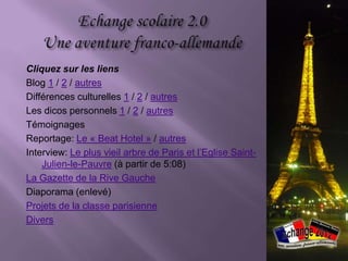 Enseignants: Après la mobilité
                         Exploitation

mois            Allemagne                         France

06/12   traitement des vidéos (son)    ramasser des documents
        rédiger article pour le site   pour le blog (photos) et les
        du lycée                       envoyer en Allemagne
        ramasser les photos des        préparation & documentation
        élèves (photocollect)          de la fête de clôture
07/12   aider les élèves pour le
        sous-titrage (Viewpoint)
        créer la Gazette (Issuu)
        mise en commun des
        résultats (Youtube, Blog)
        préparation &
        documentation de la fête de
        clôture
        diaporama & DVD
 