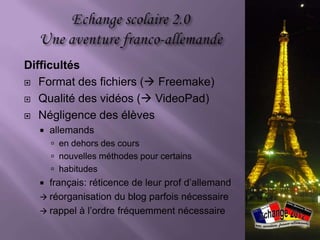 Elèves: Après la mobilité
                           Exploitation

mois             Allemagne                        France

06/12   article pour l’annuaire du     article « différences
        lycée                          culturelles » et « dico
        rédiger un témoignage          personnel » en français (blog)
                                       (rédiger un témoignage)
                                       préparer la fête de clôture
                                       (concours photo …)
07/12   sous-titrer l’interview / le
        reportage
        formater l’article pour la
        Gazette
        préparer la fête de clôture
 