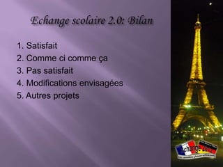 1. L‘échange 2012
2. Questions légales
3. Les projets
   a) Blog
   b) Vidéo-Trottoir
   c) La Gazette de la Rive Gauche
4. Chronologie (enseignants & élèves)
5. Résultats
6. Difficultés
7. L‘échange 2013
 