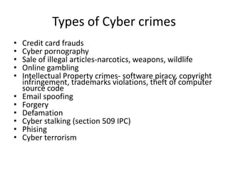 Types of Cyber crimes
•   Credit card frauds
•   Cyber pornography
•   Sale of illegal articles-narcotics, weapons, wildlife
•   Online gambling
•   Intellectual Property crimes- software piracy, copyright
    infringement, trademarks violations, theft of computer
    source code
•   Email spoofing
•   Forgery
•   Defamation
•   Cyber stalking (section 509 IPC)
•   Phising
•   Cyber terrorism
 