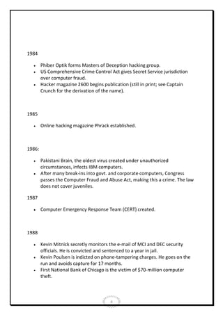 1984




Phiber Optik forms Masters of Deception hacking group.
US Comprehensive Crime Control Act gives Secret Service jurisdiction
over computer fraud.
Hacker magazine 2600 begins publication (still in print; see Captain
Crunch for the derivation of the name).

1985


Online hacking magazine Phrack established.

1986:



Pakistani Brain, the oldest virus created under unauthorized
circumstances, infects IBM computers.
After many break-ins into govt. and corporate computers, Congress
passes the Computer Fraud and Abuse Act, making this a crime. The law
does not cover juveniles.

1987


Computer Emergency Response Team (CERT) created.

1988




Kevin Mitnick secretly monitors the e-mail of MCI and DEC security
officials. He is convicted and sentenced to a year in jail.
Kevin Poulsen is indicted on phone-tampering charges. He goes on the
run and avoids capture for 17 months.
First National Bank of Chicago is the victim of $70-million computer
theft.

4

 